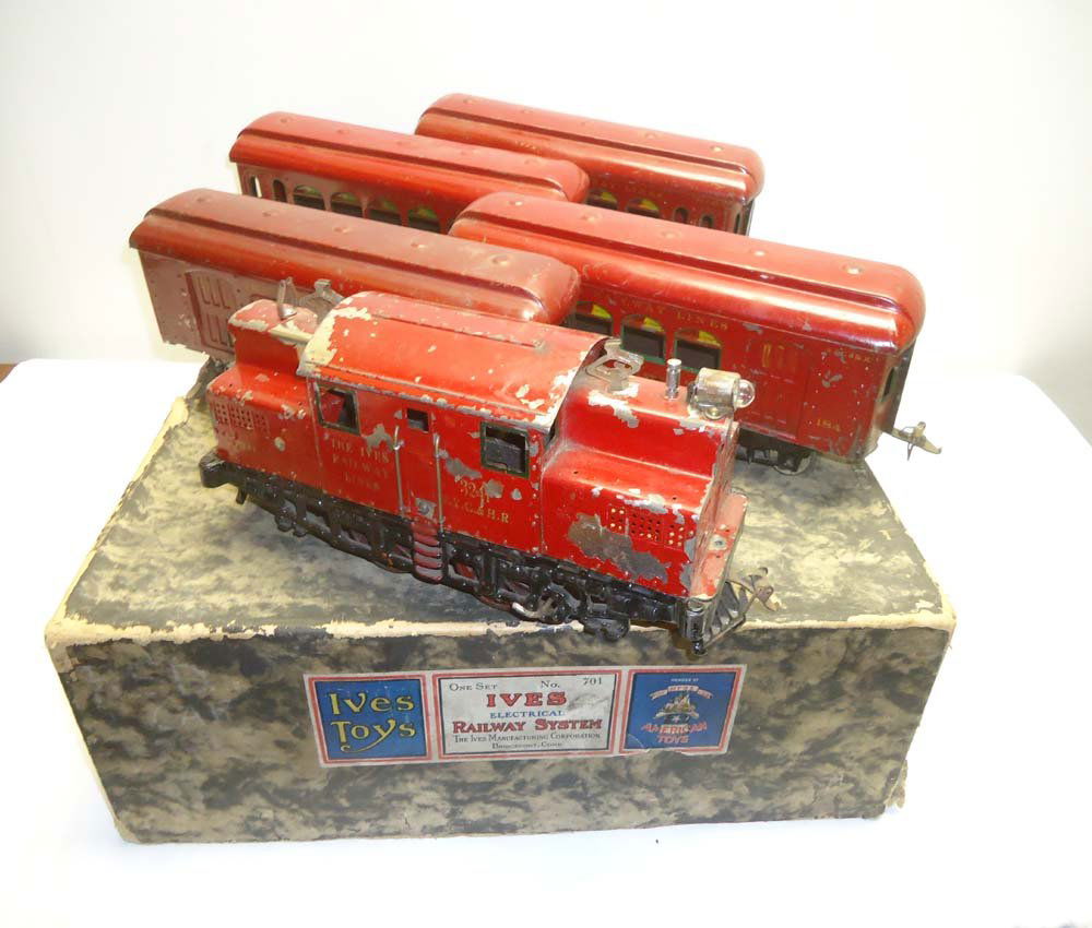 ABT: Scarce Ives Standard Gauge #701 Electric Red 3-Car: Paul V. Ambrose and Drew J. Bauer present: This is the scarce #701 Red Passenger Set that Ives made in 2 1/4 (Standard) gauge circa the 1920s. The Set includes #3241 Electric plus #184/185/186 Passeng