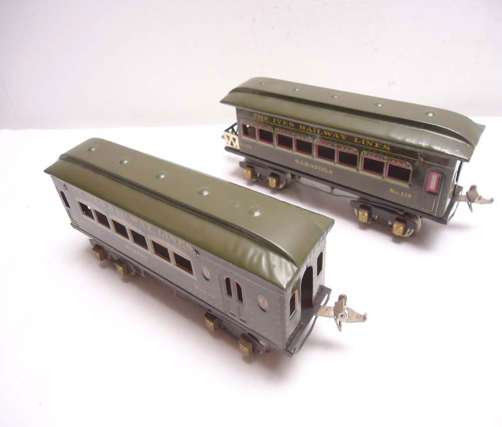 ABT: Ives #129 & #130 Passenger Cars: Paul V. Ambrose and Drew J. Bauer present: These are the #129 and #130 Passenger Cars that Ives made Pre War (they would have come in the Set Box featured in Lot 141). No Boxes. Examine very closely;