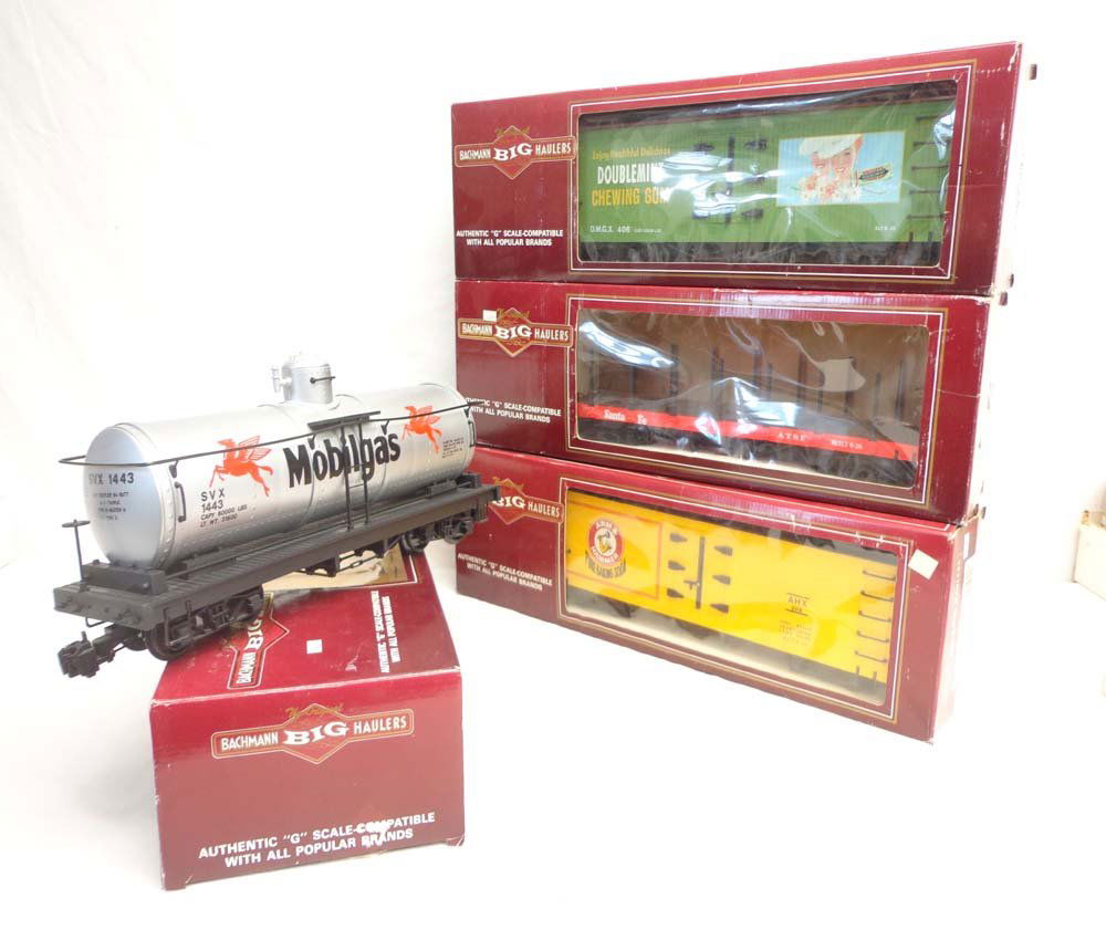 ABT: Bachmann G Scale: #93435/93254/93253/93602 Cars/OB: Paul V. Ambrose and Drew J. Bauer present: These are the #93435 Mobilgas Tank Car, the #93254 Arm & Hammer Billboard Car, the #93253 Double Mint Gum Billboard Car, and the #93602 Santa Fe Flat Car tha