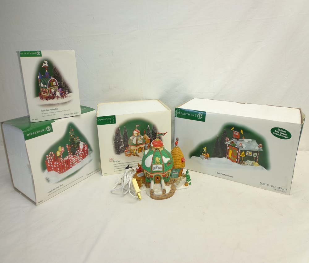 ABT: Dept. 56 North Pole Series #56402/56823/56817/5720: Paul V. Ambrose and Drew J. Bauer present: These are the North Pole Series #56402 The Elf Spa, the #56.56823 North Pole Petting Zoo(weather vane broken), the #56.56817 Peppermint Front Yard, and the #