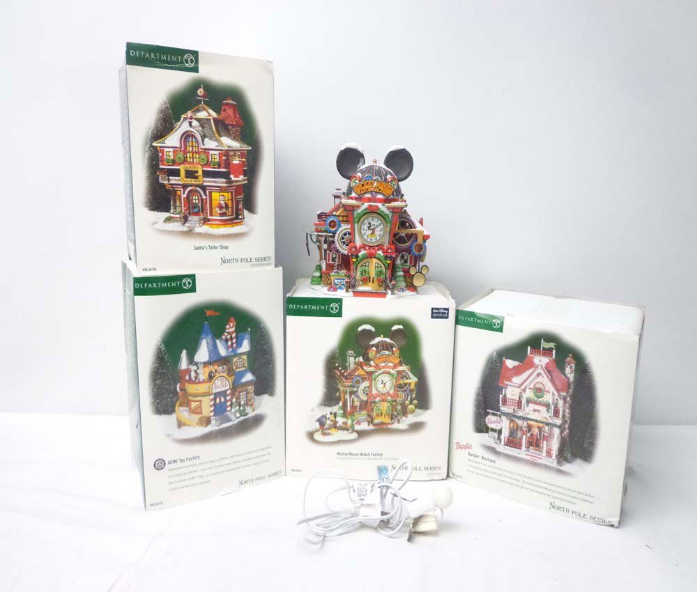 ABT: Dept. 56 North Pole Series #56.56739/56/56951/56.5: Paul V. Ambrose and Drew J. Bauer present: These are the North Pole Series #56.56739 Barbie Boutique (missing top flag), the #56.56951 Mickey Mouse Watch Factory, the #56.56793 Santa's Tailor Shop, an