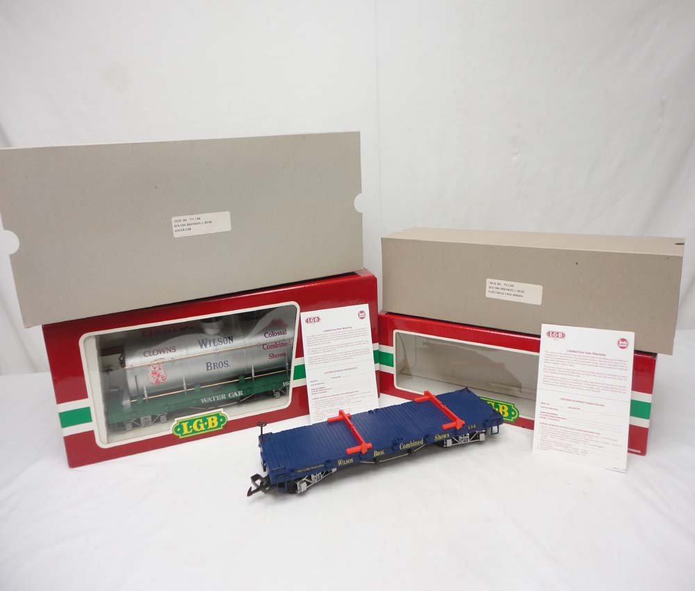 ABT: LGB G Scale: #4080-DG/4060-DG Wilson Brothers Circ: Paul V. Ambrose and Drew J. Bauer present: These are the #4080-DG Wilson Brothers Circus #5 Car Water Car and the #4060-DG Wilson Brothers Circus #3 Car Flat Car that LGB made for G Scale a few years