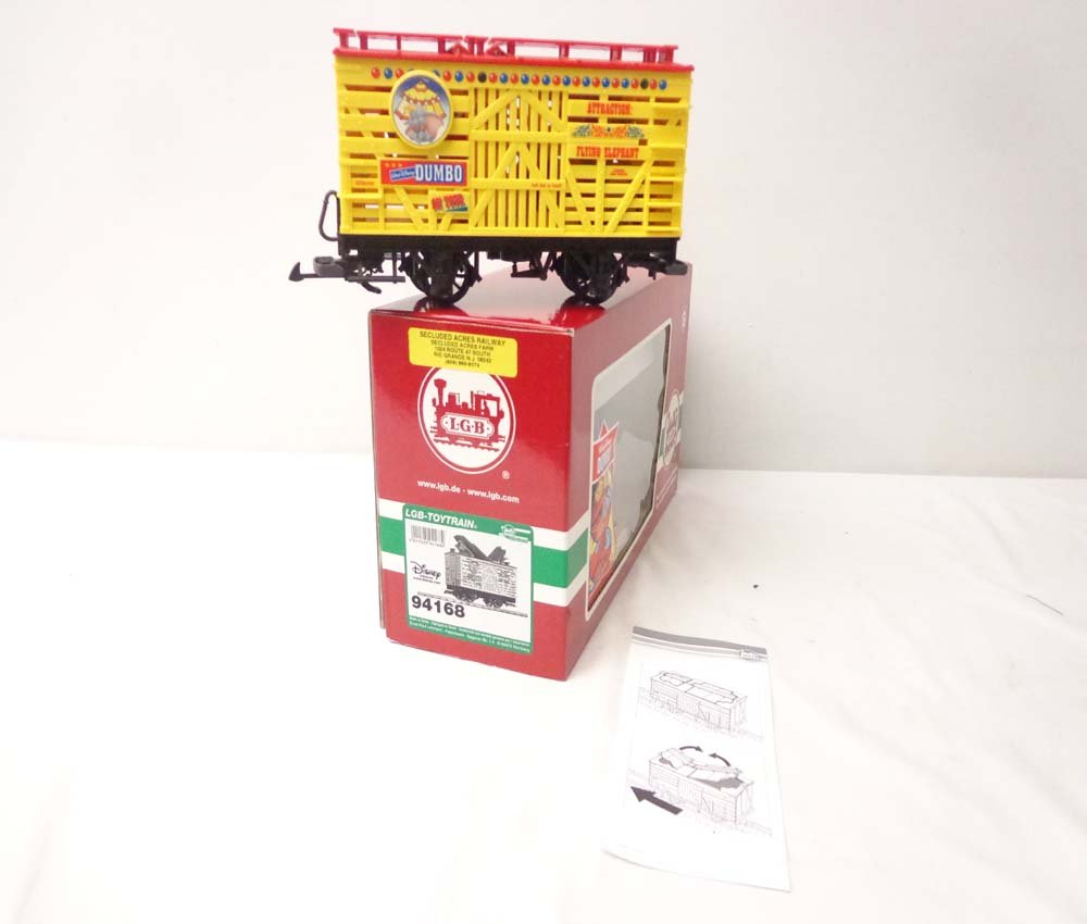 ABT: LGB G Scale: #94186 Dumbo Flying Elephant Car/OB: Paul V. Ambrose and Drew J. Bauer present: This is the #94186 Dumbo Flying Elephant Car that LGB made for G Scale a few years ago. Our Opinion is that it is generally in Like New Condition. Original B