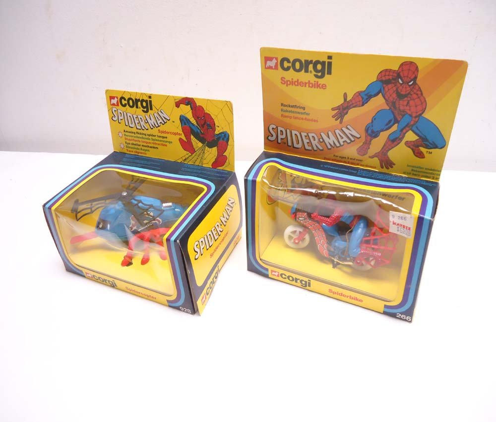 ABT: Corgi #928/266 Spiderman Vehicles/OBs: Paul V. Ambrose and Drew J. Bauer present: These are the #928 Spiderman Copter and the #266 Spiderman Bike that Corgi made in the recent past. Examine closely; what is pictured is what you will receiv