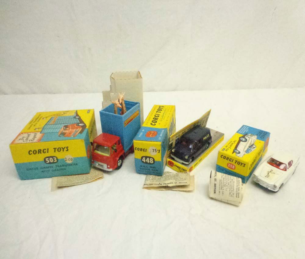 ABT: 3 Corgi #503/448/256 Vehicles/OB s: Paul V. Ambrose and Drew J. Bauer present: These are the #503 Circus Giraffe Transporter w/Giraffes, the #448 B.M.C. Mini Police Van, and the #256 The "Saints" Car Volvo P 1800 that Corgi made in the