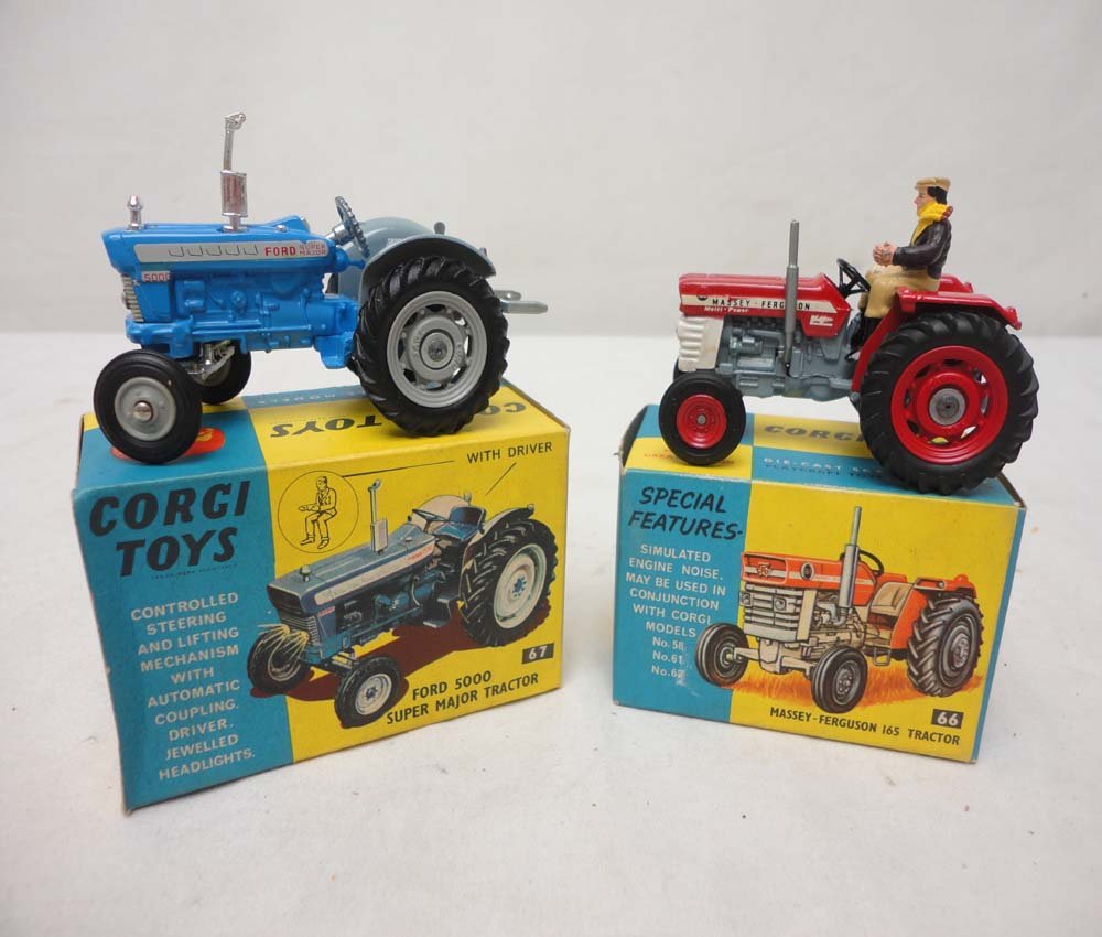 ABT: Corgi #67/66 Tractors/OBs: Paul V. Ambrose and Drew J. Bauer present: These are the #67 Ford 5000 Super Major Tractor (no driver) and the #66 Massey-Ferguson 165 Tractor that Corgi made in the recent past. Examine closely; what