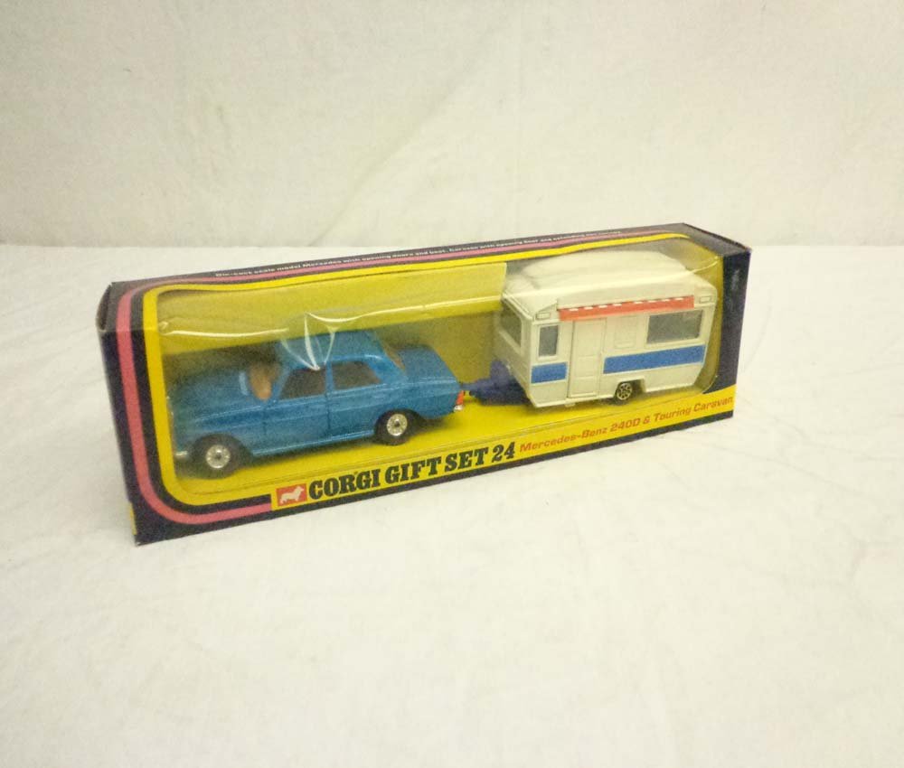 ABT: Corgi #GS24 Mercedes-Benz 240D and Touring Caravan: Paul V. Ambrose and Drew J. Bauer present: This is the #GS24 Mercedes-Benz 240D and Touring Caravan (1975) that Corgi made in the recent past. Examine closely; what is pictured is what you will receiv