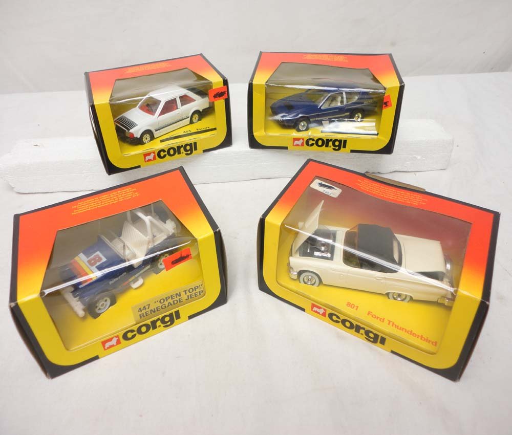 ABT: Corgi #453/447/382/801 Vehicles/OBs: Paul V. Ambrose and Drew J. Bauer present: These are the #453 Escort, the #447 Open Top Rrenegade Jeep, the #382 Lotus, and the #801 Ford Thunderbird that Corgi made in the recent past. Examine closel