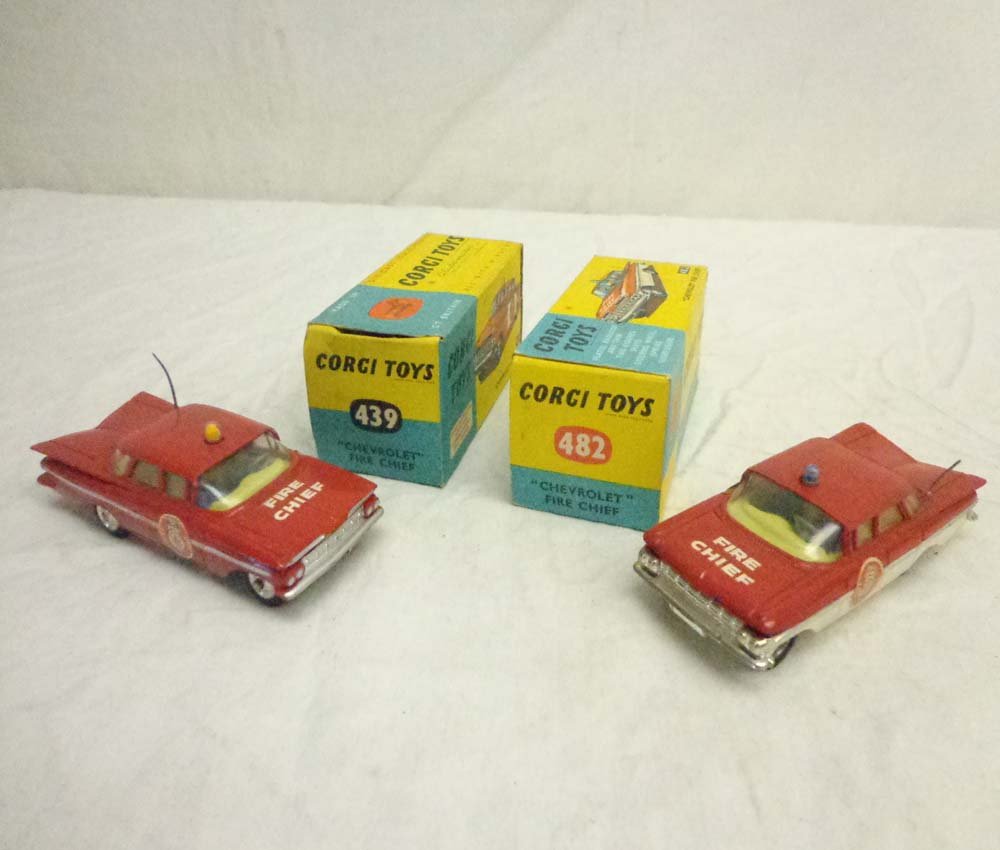 ABT: Corgi #482/439 Chevrolet Fire Chief Cars/OBs: Paul V. Ambrose and Drew J. Bauer present: These are the #482/439 Chevrolet Fire Chief Cars that Corgi made in the recent past. Examine closely; what is pictured is what you will receive. Original Box