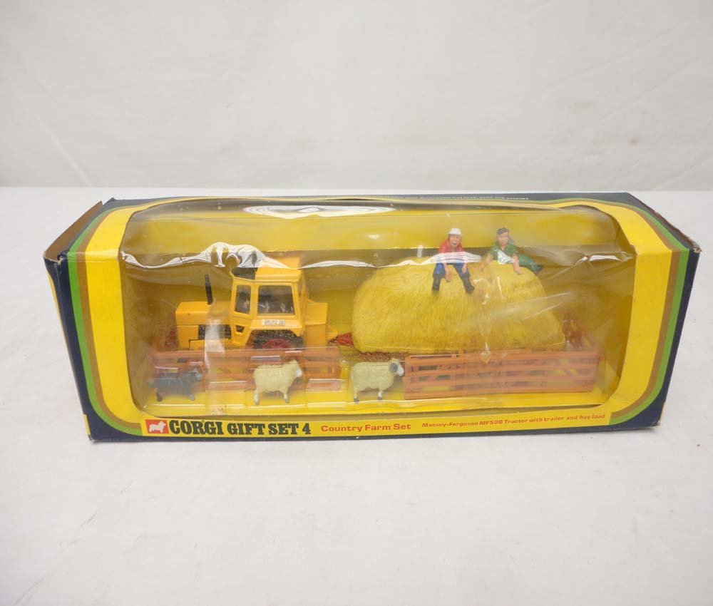 ABT: Corgi Gift Set #4 Country Farm Set Massey Ferguson: Paul V. Ambrose and Drew J. Bauer present: This is the Gift Set #GS4 Country Farm Set Massey Ferguson MF50B Tractor w/Trailer and detachable Hay Load that Corgi made in the recent past. Examine closel