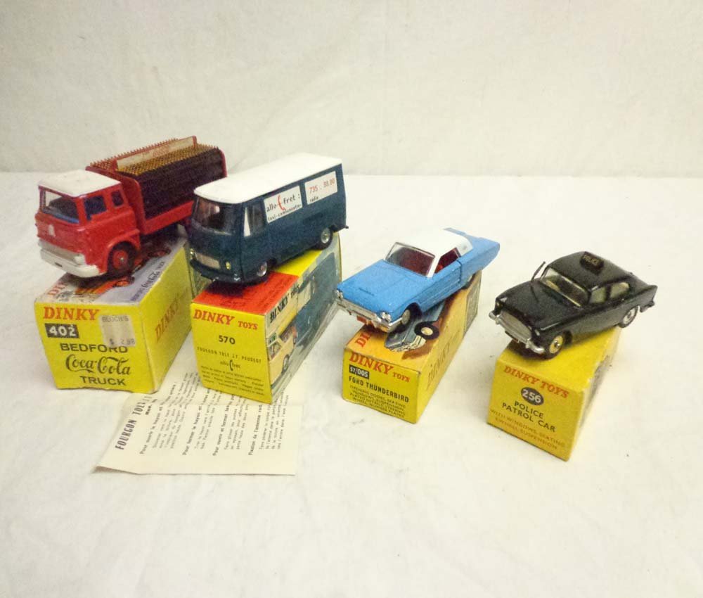 ABT: 4 Assorted Dinky Cars/OBs: Paul V. Ambrose and Drew J. Bauer present: These are four Assorted Cars that Dinky made in the recent past. Included are the #402 Bedford Coca-Cola, the #570 Fourson Tole J7 Peligeot, the #57/005 Ford