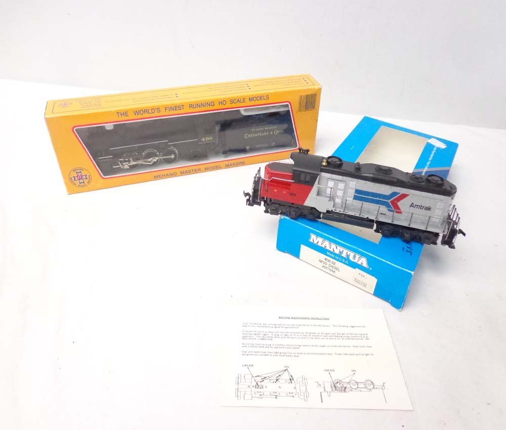 ABT: Mantua/Mehano HO Scale: #406-32/490/OBs: Paul V. Ambrose and Drew J. Bauer present: These are the #406-32 GP 20 Diesel Amtrack and #490 The George Washington Chesapeake & Ohio Steam Engine and Tender that Mantua/Mehano made in HO Scale a few