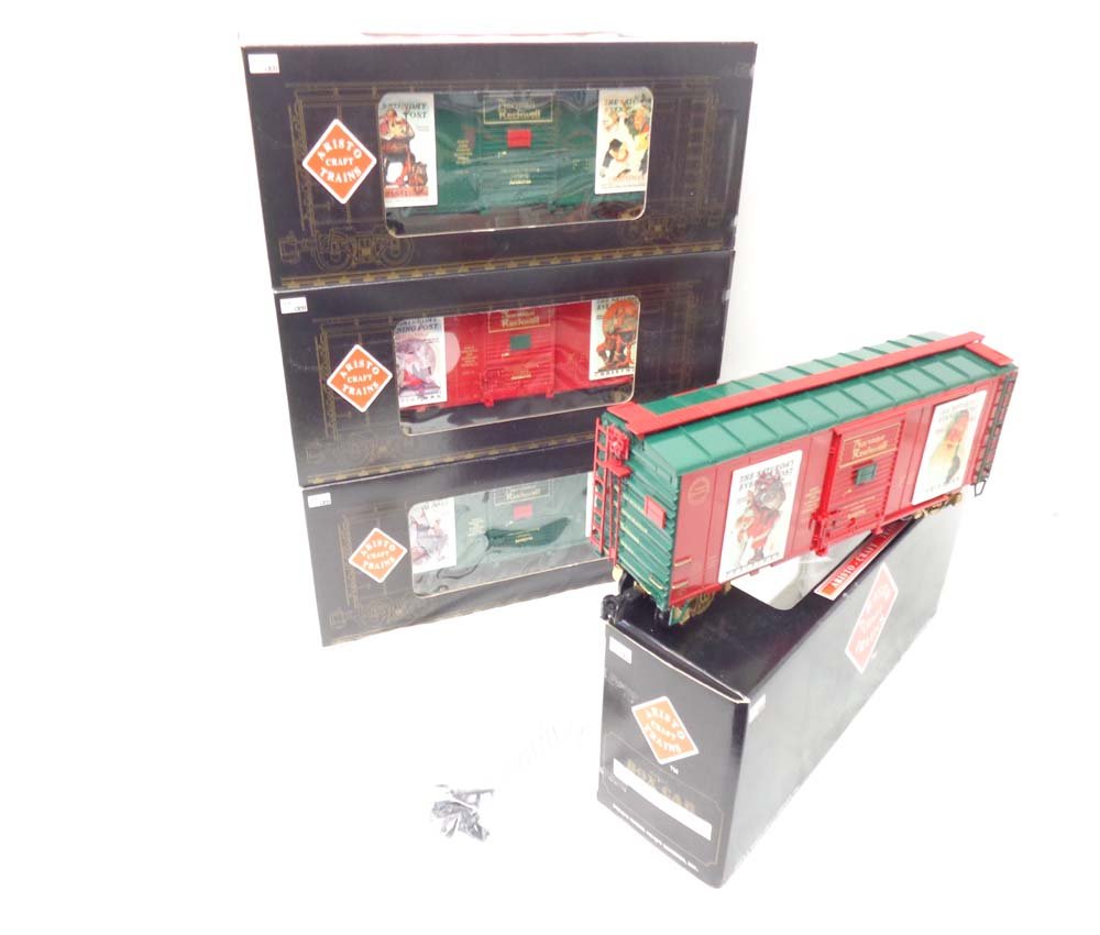 ABT: Aristo Craft 1 Gauge: #46037 Box Car Rockwell: Paul V. Ambrose and Drew J. Bauer present: This is the #46037 Box Car Rockwell X-Mas "A-D" 4-Pack that Arista Craft made in 1 Gauge a few years ago. Please review the pictures carefully; what you see 