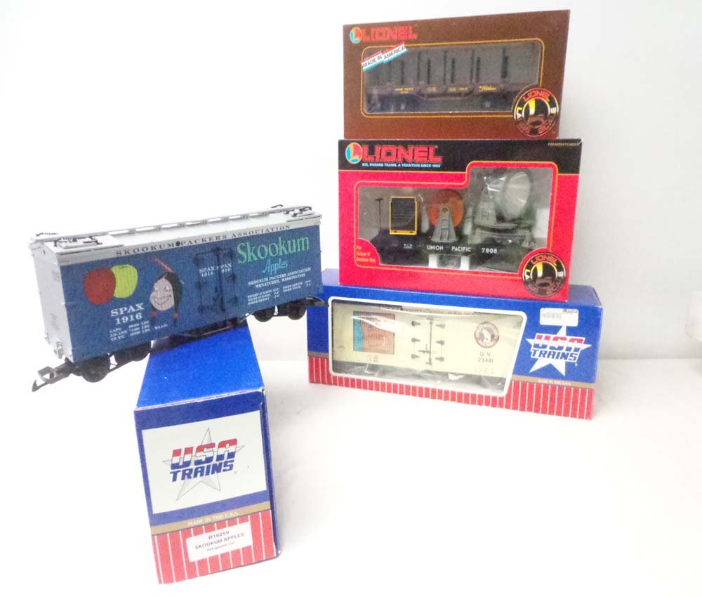 ABT: USA Trains/Lionel Large Scale: Paul V. Ambrose and Drew J. Bauer present: These are the #R16259 Skookum Apples Reefer Car, the #R16343 Seacoast Apples Reefer, the #87808 Union Pacific Extension Searchlight Car, and the #87504 Union