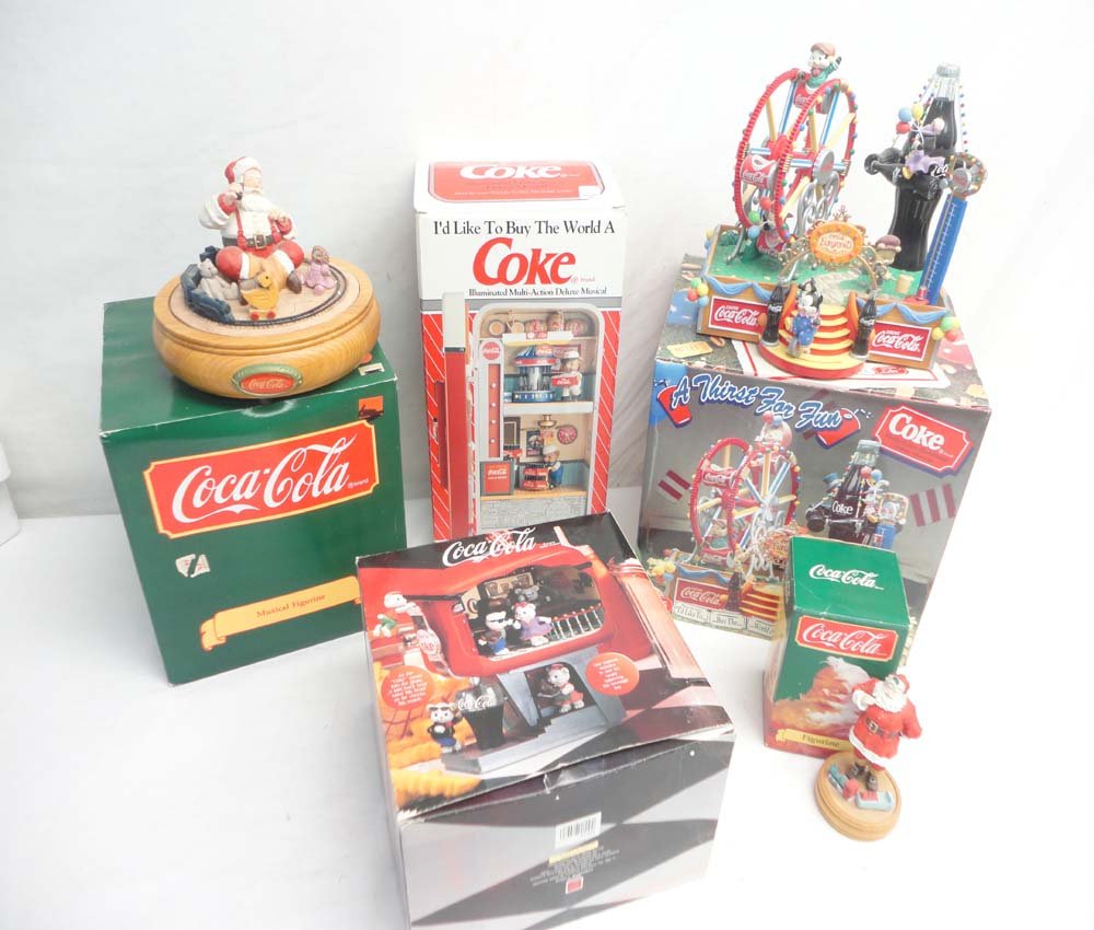 ABT: 5 Assorted Enesco/Willitts Musicals and Figure/OBs: Paul V. Ambrose and Drew J. Bauer present: These are five Assorted Enesco/Willitts Musicals and Figure. Included are the #5933710 Coca-Cola Deluxe Lighted Action Musical, the #12875 A Thirst for Fun C