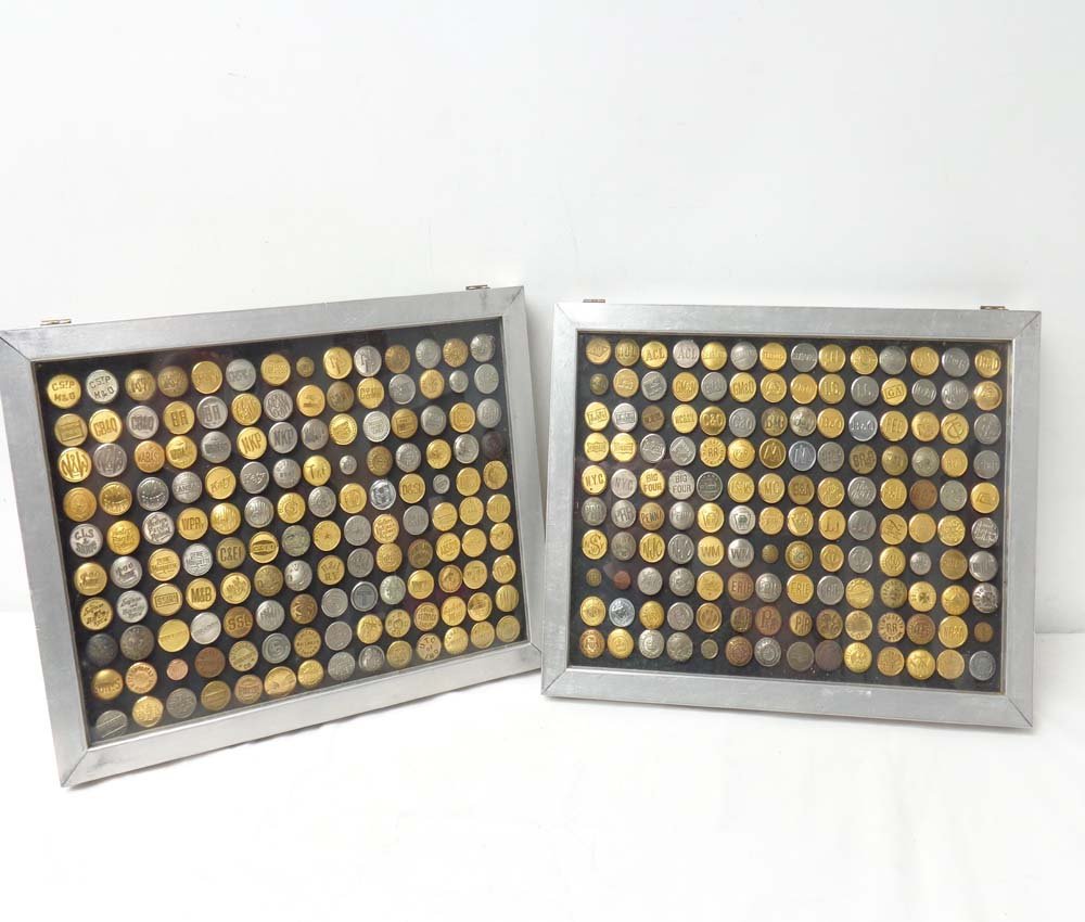 ABT: Amazing 280-Item Group Real Railroad Buttons/Pins: Paul V. Ambrose and Drew J. Bauer present: These are approximately 280 assorted Buttons and Pins used on uniforms real American Railroads from time long gone by. Note they are nicely displayed in heav