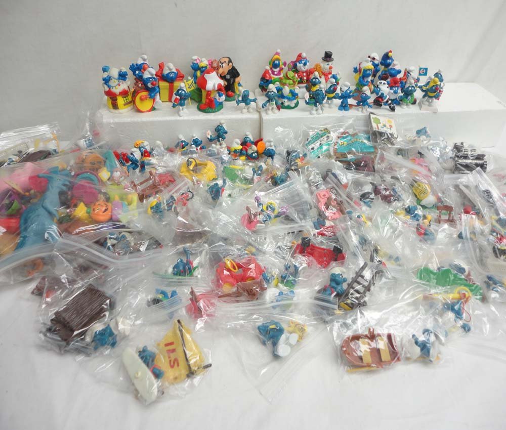 ABT: 140 Schleich Smurf Figurines and Accessories: Paul V. Ambrose and Drew J. Bauer present: These are one hundred forty Schleich Smurf Figurines and Accessories. Please examine closely; what is pictured is what you will receive. No Boxes. Please add