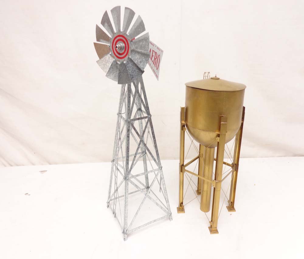 ABT: Scale O: Aero Windmill & Brass Water Tower: Paul V. Ambrose and Drew J. Bauer present: These are the Brass Scale O Water Tower and interesting steel Aero Windmill by unknown Makers from some time in the not too distant past. No Boxes. Examine v