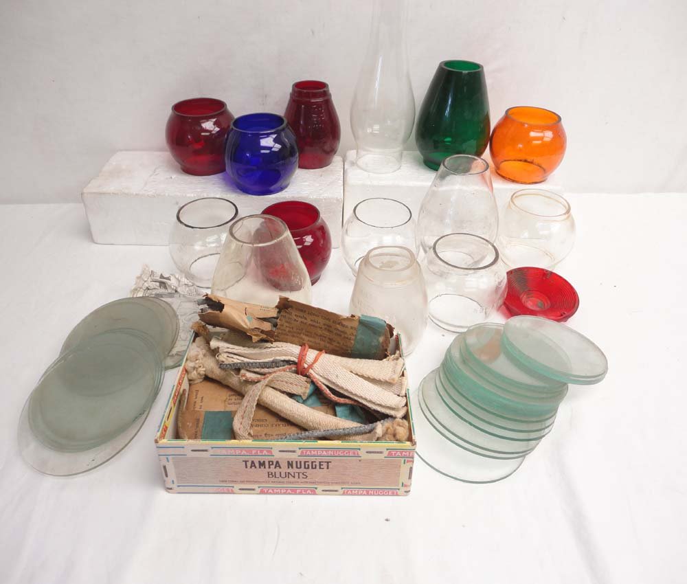 ABT: 14 Assorted Globes and Lantern Accessories, Wicks: Paul V. Ambrose and Drew J. Bauer present: These are fourteen Assorted Globes and Lantern Accessories, Wicks and Glass Coasters from an Era gone by. Examine very closely; what is pictured is what you