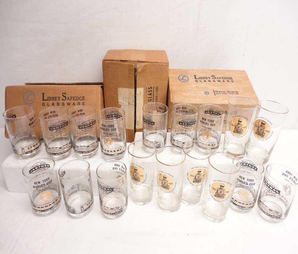 ABT: 18 Assorted Libbey Softedge Glassware/OBs: Paul V. Ambrose and Drew J. Bauer present: These are 18 Assorted Libbey Softedge Glassware, twelve New York World's Fair and six New York Central Mutual Association. Original Boxes. Examine very close