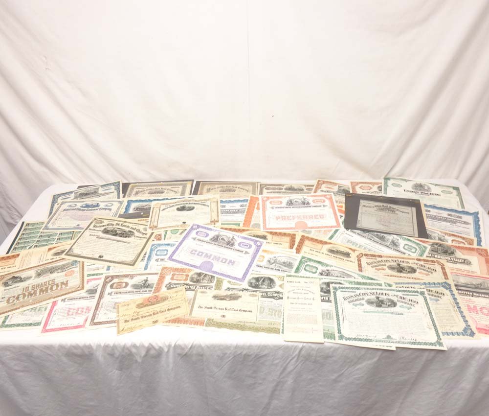 ABT: 50+ Cancelled Railroad Stock Certificates: Paul V. Ambrose and Drew J. Bauer present: This is interesting and colorful 50+ item assortment of cancelled Railroad Stock Certificates and Bond coupons from an Era gone by. Examine very closely; wha