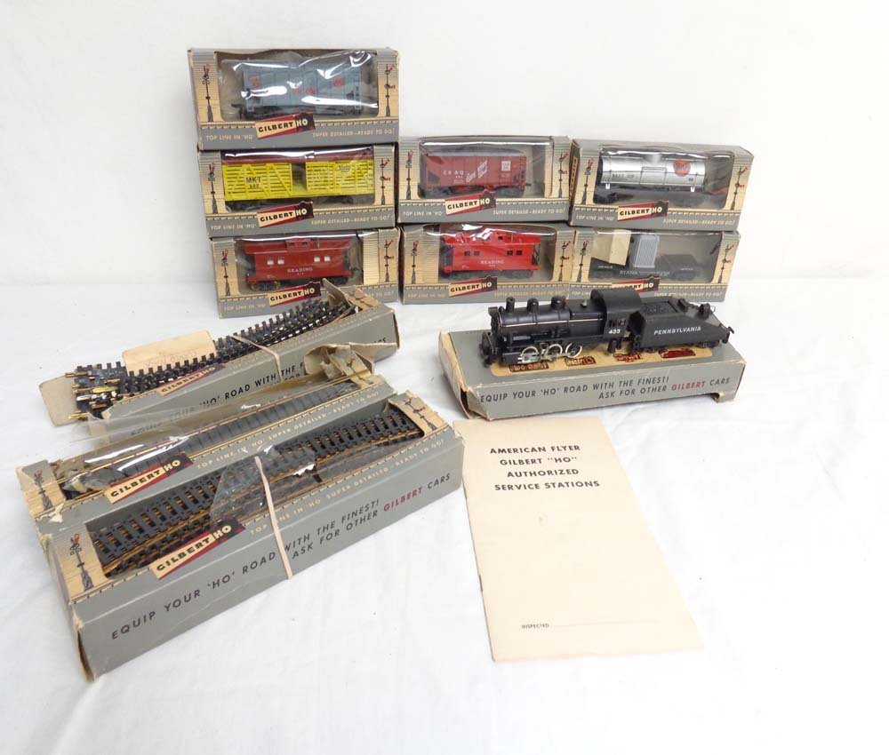 ABT: Gilbert/AF HO Scale: Assorted Engine/Tender, Cars: Paul V. Ambrose and Drew J. Bauer present: These are an Assortment of Engine/Tender, Cars and Track that American Flyer/Gilbert made in HO Scale in the 1950s. Included are the #HO-433 Pennsylvania Swi