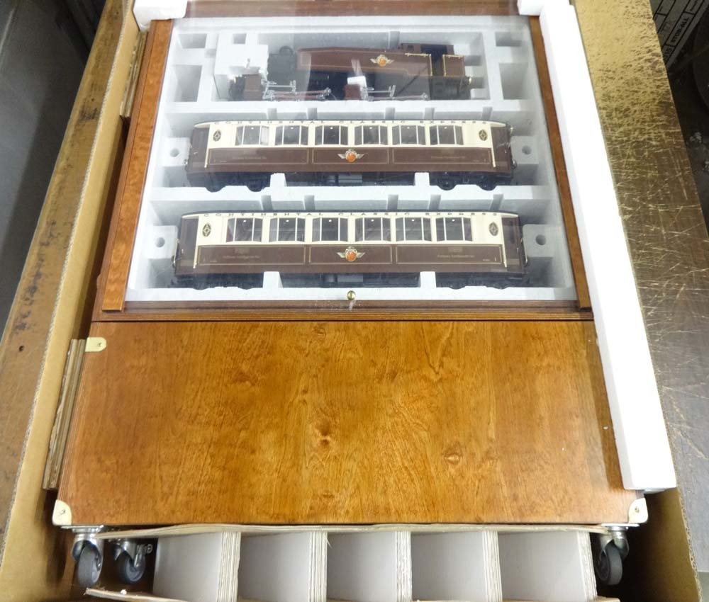 ABT: LGB G Gauge: #72700 Continental Classic Express: Paul V. Ambrose and Drew J. Bauer present: These are the #72700 Continental Classic Express Engine & two Passenger Cars w/Huge Wooden Case on wheels (40" high X 32" wide X 8" deep) that LGB made for G