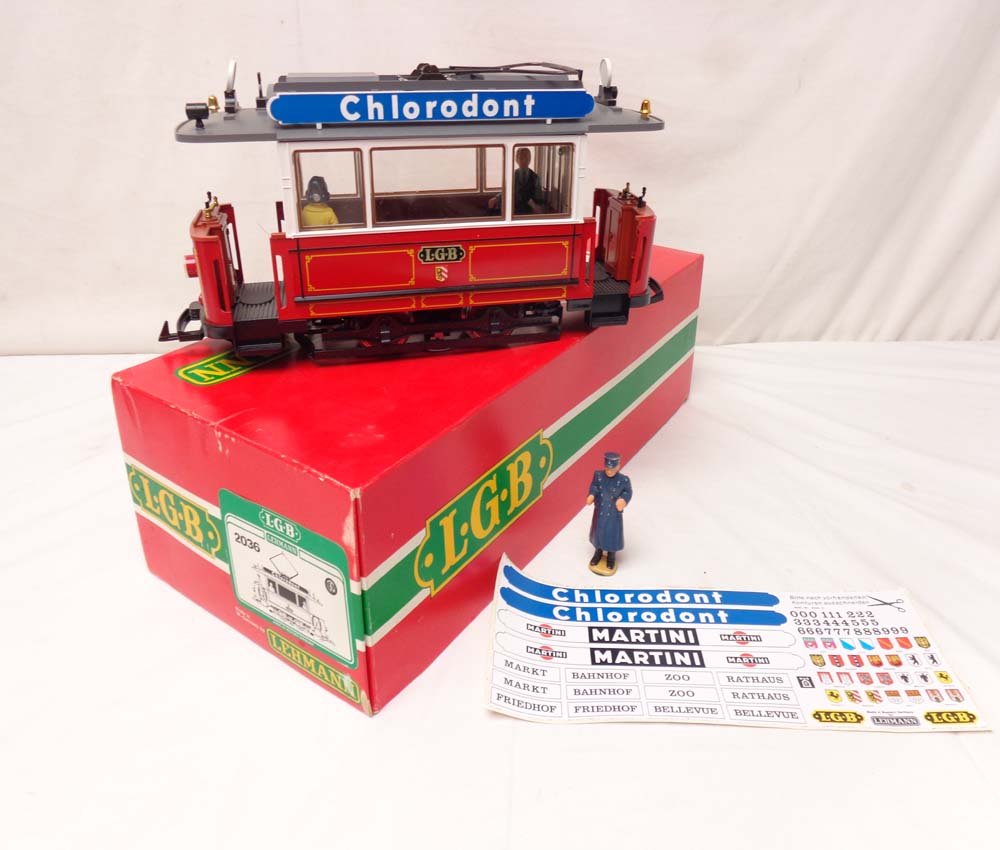 ABT: LGB G Scale: #2036 Electric Trolley/OB: Paul V. Ambrose and Drew J. Bauer present: This is the #2036 Electric Trolley that LGB made for G Scale a few years ago. Our Opinion is that it is generally in Like New Condition. Original Box. All Or