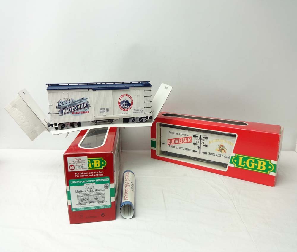 ABT: Mint LGB G Scale: #46670 Coors Malted Milk Box Car: Paul V. Ambrose and Drew J. Bauer present: These are the #46670 Coors Malted Milk Box Car and the #4070 Budweiser Reefer that LGB made for G Scale a few years ago. Our Opinion is that they are general