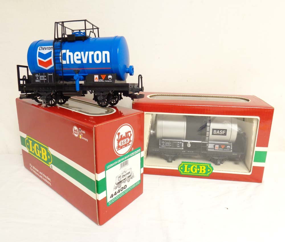 ABT: Mint LGB G Scale: #4040C BASF/44400 Chevron Tank: Paul V. Ambrose and Drew J. Bauer present: These are the #4040C BASF/44400 Chevron Tank Cars that LGB made for G Scale a few years ago. Our Opinion is that they are generally in Mint Condition. Origin
