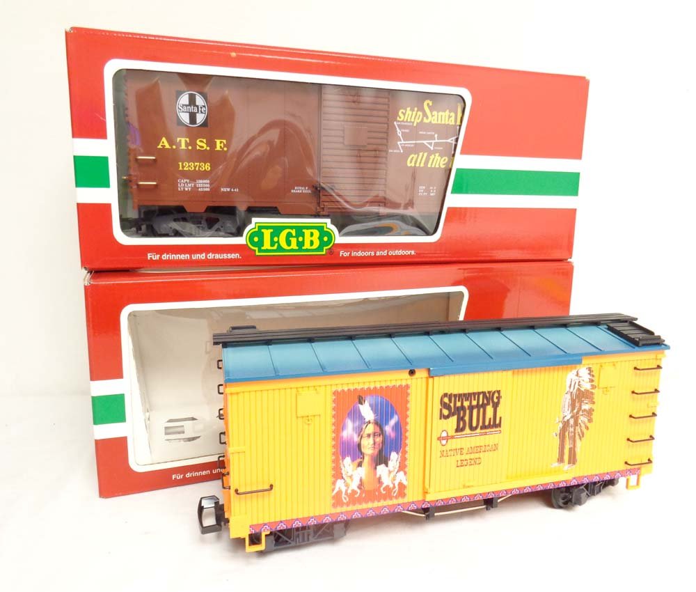 ABT: Mint LGB G Scale: #44673 Sitting Bull Box Car and: Paul V. Ambrose and Drew J. Bauer present: These are the #44673 Sitting Bull Box Car and the #45913 Super Chief California Box Car that LGB made for G Scale a few years ago. Our Opinion is that they a