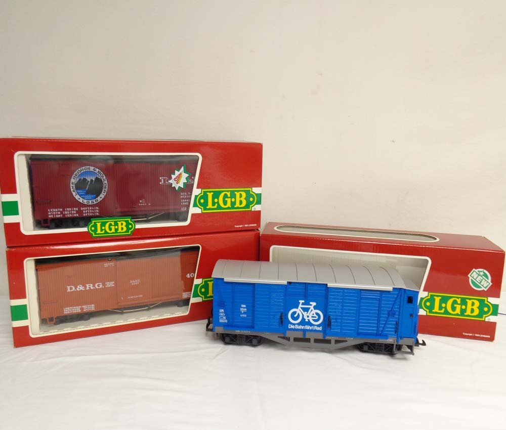 ABT: Mint LGB G Scale: #4067/4163/4267S Box Cars/OBs: Paul V. Ambrose and Drew J. Bauer present: These are the #4067 Denver and Rio Grande Box Car, the #4163 Bicycle Transport Box Car, and the #4267S Lake George and Boulder Box Car that LGB made for G Sc