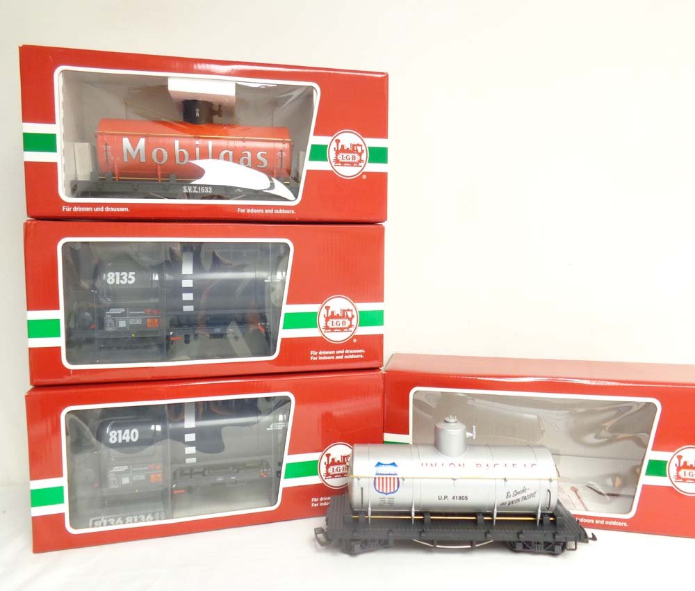 ABT: Mint LGB G Scale: #41805/45803/40830/42830 Tank: Paul V. Ambrose and Drew J. Bauer present: These are the #41805 Union Pacific Tank Car, the #45803 Mobilegas Tank Car, the #40830 Tank Car, and the #42830 Tank Car that LGB made for G Scale a few year