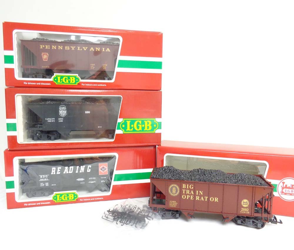 ABT: Mint LGB G Scale: #47760/44760/45765/4076 Hoppers: Paul V. Ambrose and Drew J. Bauer present: These are the #47760 Reading, #44760 Pennsylvania, #45765 Big Train Operator, and the #4076 East Broad Top Hoppers with Coal Loads that LGB made for G Scale