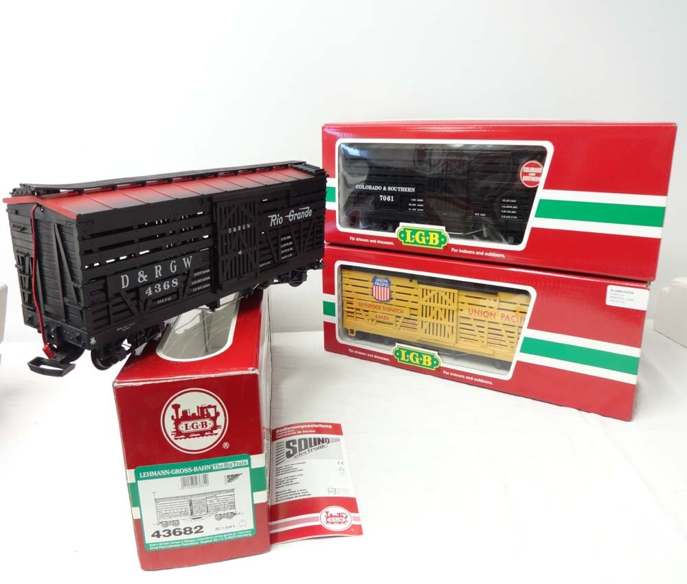 ABT: LGB G Scale: #43682/44680/45680 Stock Cars/OBs: Paul V. Ambrose and Drew J. Bauer present: These are the #43682 D& RGW w/Sound, the #44680 Union Pacific, and the #45680 Colorado & Southern Stock Cars that LGB made for G Scale a few years ago. Our O