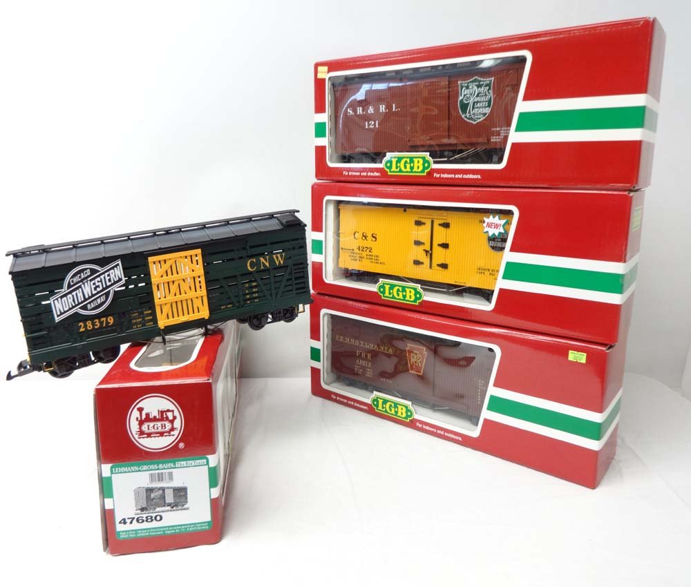 ABT: Mint LGB G Scale: #47680/48670/42720/41673: Paul V. Ambrose and Drew J. Bauer present: These are the #47680 Chicago & Northwestern Railway Stock Car, the #48670 Sandy River & Rangeley Railroad Box Car, the #42720 Colorado & Southern Reefer, and