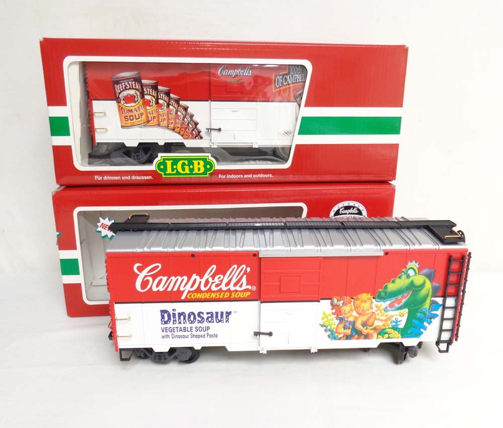 ABT: Mint LGB G Scale: #46913/46910 Campbell's Soup Box: Paul V. Ambrose and Drew J. Bauer present: These are the #46913/46910 Campbell's Soup Box Cars that LGB made for G Scale a few years ago. Our Opinion is that they are generally in Mint Condition. Orig