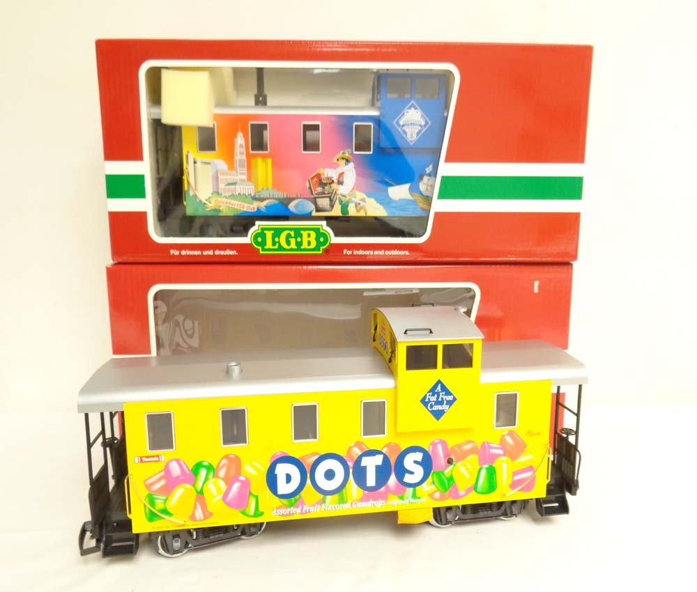 ABT: Mint LGB G Scale: #48710 Dots Gumdrops Caboose and: Paul V. Ambrose and Drew J. Bauer present: These are the #48710 Dots Gumdrops Caboose and the#40718 20th Anniversary Columbus LGB Club Caboose that LGB made for G Scale a few years ago. Our Opinion is