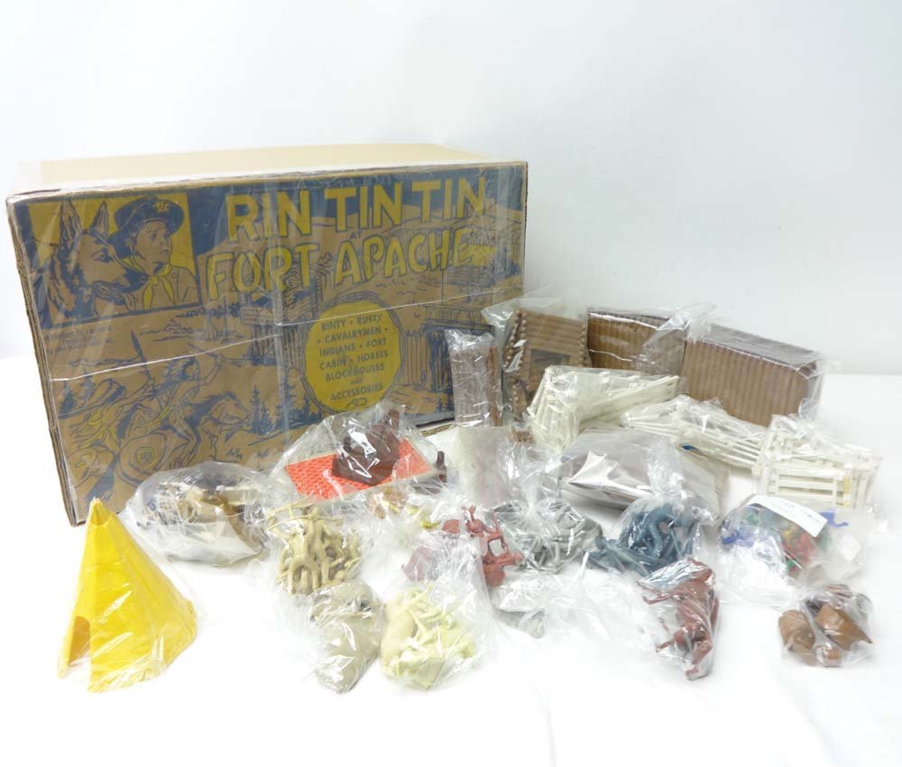 ABT: Scarce Marx Rin Tin Tin/Fort Apache Play Set: Paul V. Ambrose and Drew J. Bauer present: This is the scarce Rin Tin Tin / Fort Apache Play Set from Screen Gems that Marx made in 1956. Assume all Original pieces with extra Figures and Horses as sh
