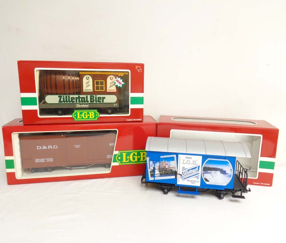 ABT: Mint LGB G Scale: #4067/3042/4028 CC Assorted: Paul V. Ambrose and Drew J. Bauer present: These are the #4067 Denver and Rio Grande Box Car, the #3042 Beer Barrel Car, and the #4028 CC Buffalo NY National Convention Box Car that LGB made for G Sca