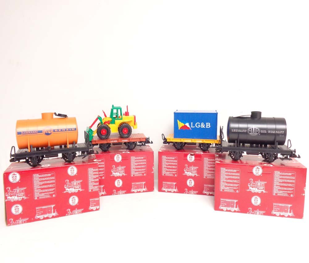 ABT: Mint LGB G Scale: #94080/94069/94003/94040: Paul V. Ambrose and Drew J. Bauer present: These are the #94080 Lehmann Fuel Tank, the #94069 Flat Car, the #94003 Flat Car with Container, and the #94040 Lehmann Fuel Tank that LGB made for G Scale a