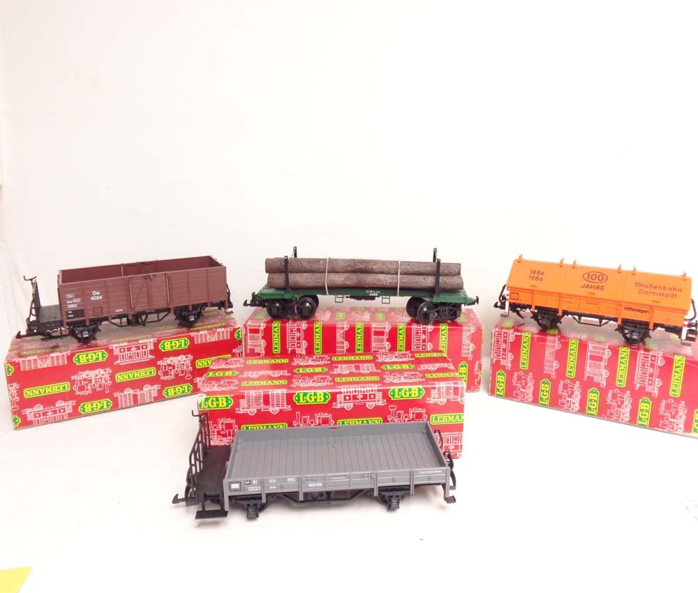 ABT: Mint LGB G Scale: #4011/4023/4066 Assorted: Paul V. Ambrose and Drew J. Bauer present: These are the #4011 Covered Gondola, the #4023 Flat Car, the #4024 Gondola, and the #4066 Flat Car with Logs that LGB made for G Scale a few years ago. Our O