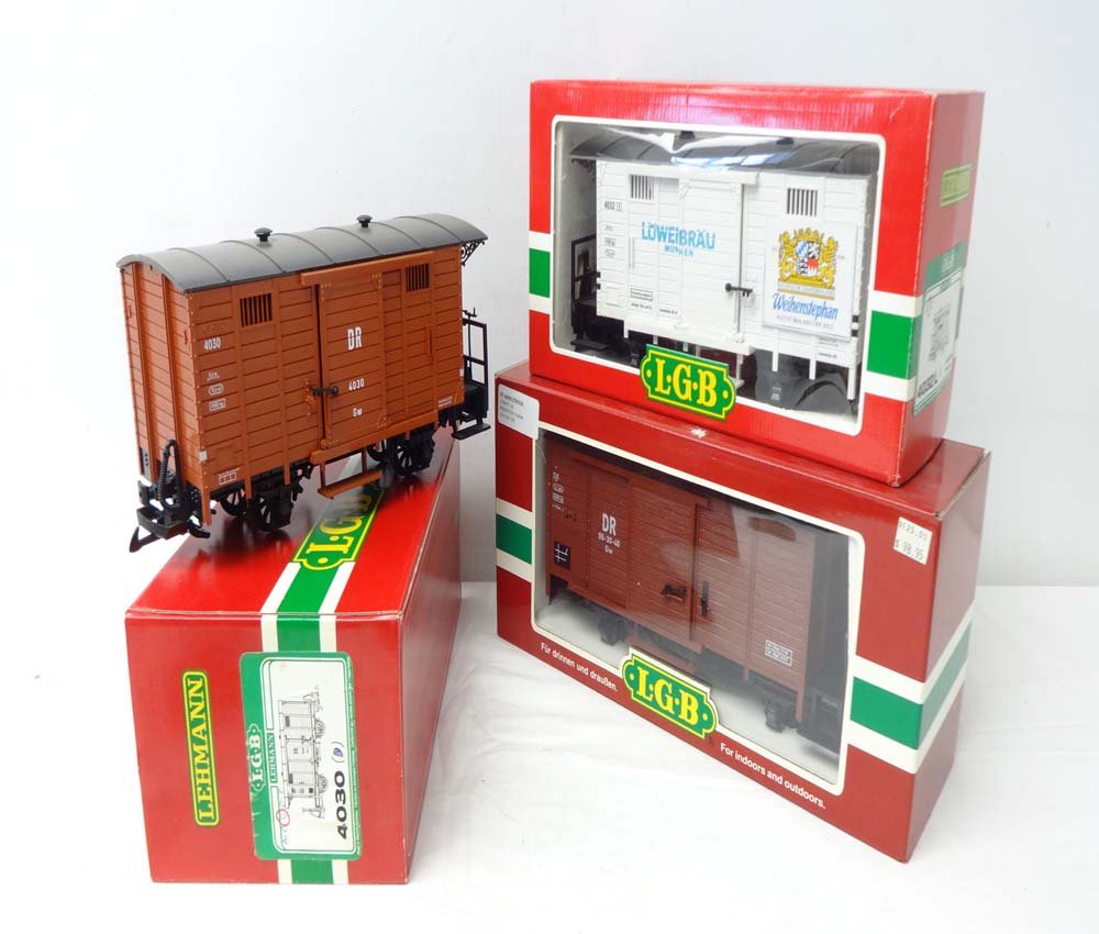 ABT: LGB G Scale: #4030/4032L/46353 Box Cars/OBs: Paul V. Ambrose and Drew J. Bauer present: These are the #4030/4032L/46353 Box Cars that LGB made for G Scale a few years ago. Our Opinion is that they are generally in Like New Condition. Original Bo