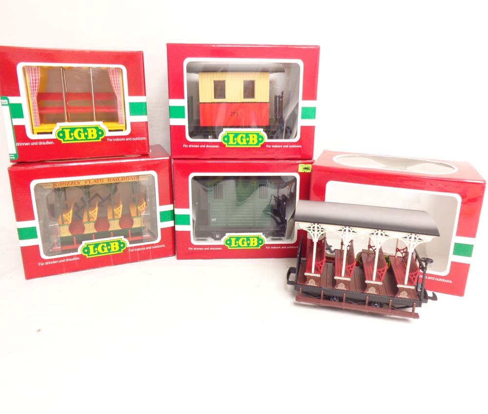 ABT: Mint LGB G Scale: #31170/31430/31410/30430/45150: Paul V. Ambrose and Drew J. Bauer present: These are the #31170 Wagon, the #31430 Open Trolley, the #31410 Wagon, the #30430 Open Trolley, and the #45150 Wagon that LGB made for G Scale a few years ag