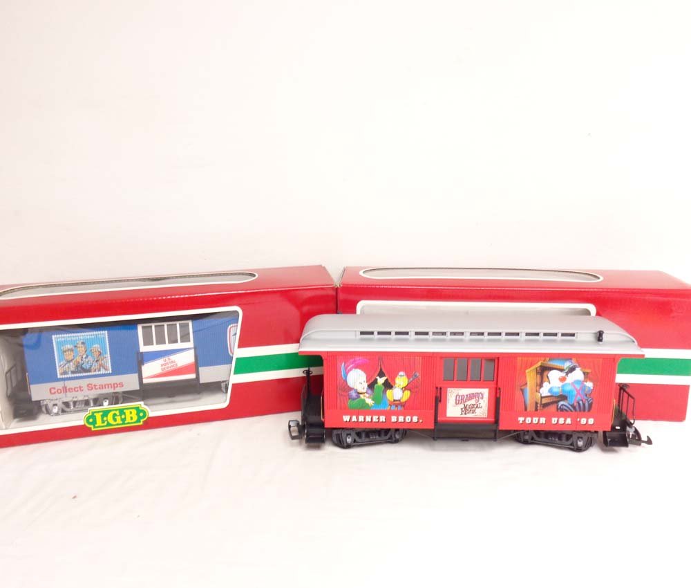 ABT: Mint LGB G Scale: #31840 U.S. Postal Box Car and: Paul V. Ambrose and Drew J. Bauer present: These are the #31840 U.S. Postal Box Car and the #34840 Warner Bros. Tour Car that LGB made for G Scale a few years ago. Our Opinion is that they are general