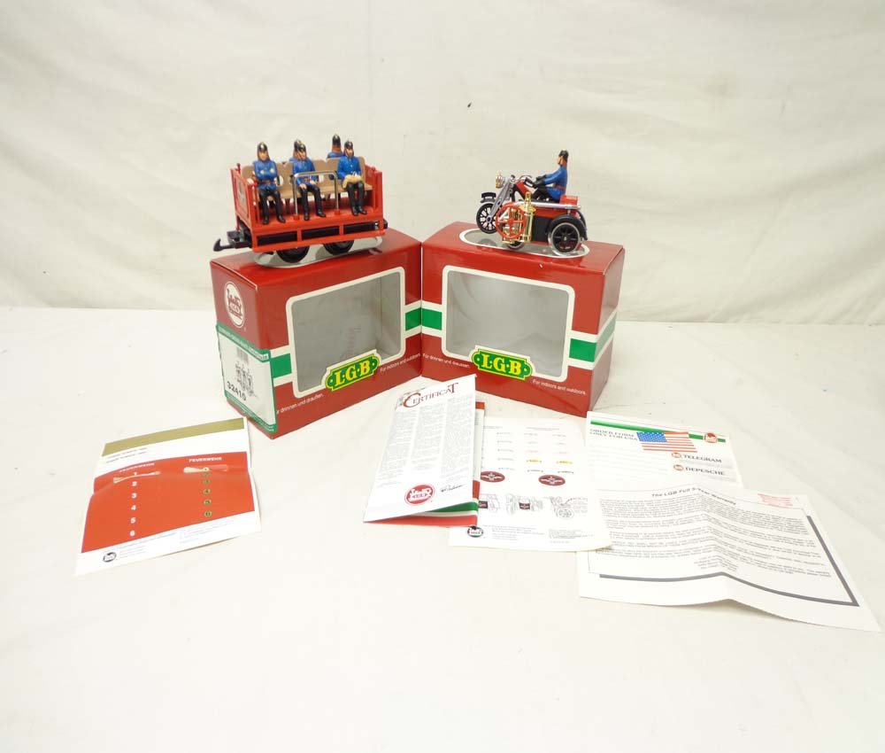 ABT: LGB G Scale: #32410 Fire Department Crew Car &: Paul V. Ambrose and Drew J. Bauer present: These are the #32410 Fire Department Crew Car and the #20030 Fire Department Tom Rail Cycle that LGB made for G Scale a few years ago. Our Opinion is that th