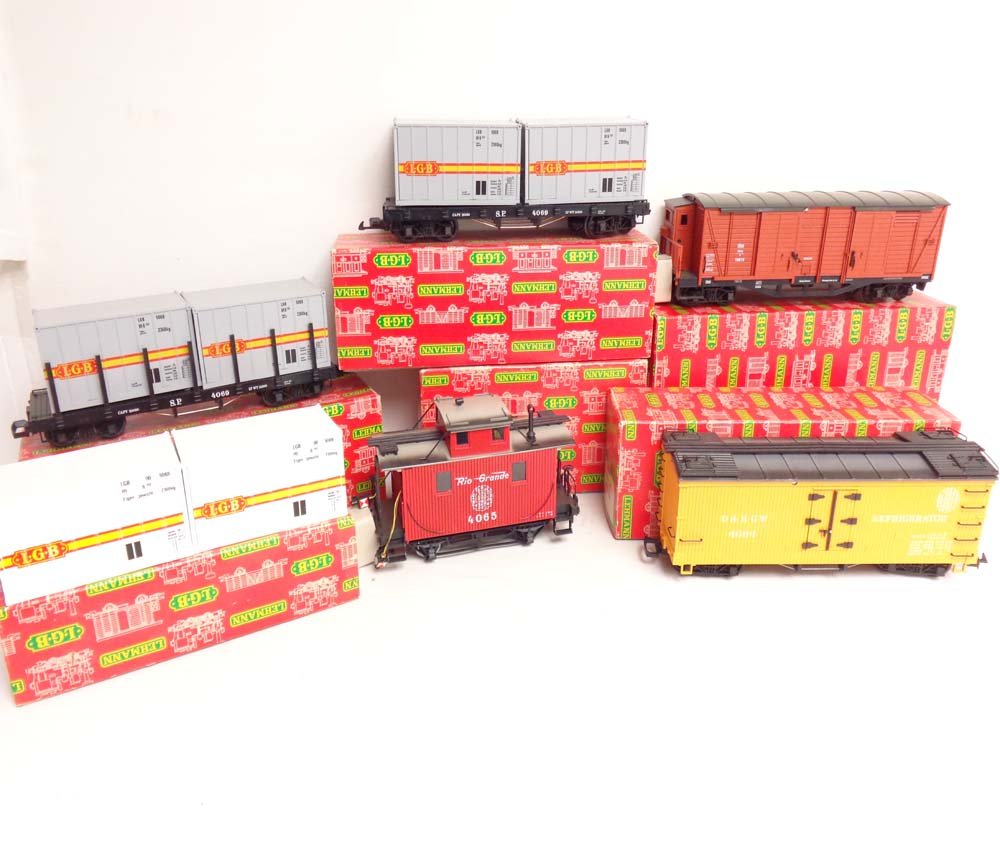 ABT: LGB G Scale: #4069/4063/4068/4064/4069 Cars and: Paul V. Ambrose and Drew J. Bauer present: These are two #4069 Flat Car with Containers, the #4063 Box Car, the #4068 Rio Grande Caboose, the #4064 Denver and Rio Grande Refrigerator Box Car, and the