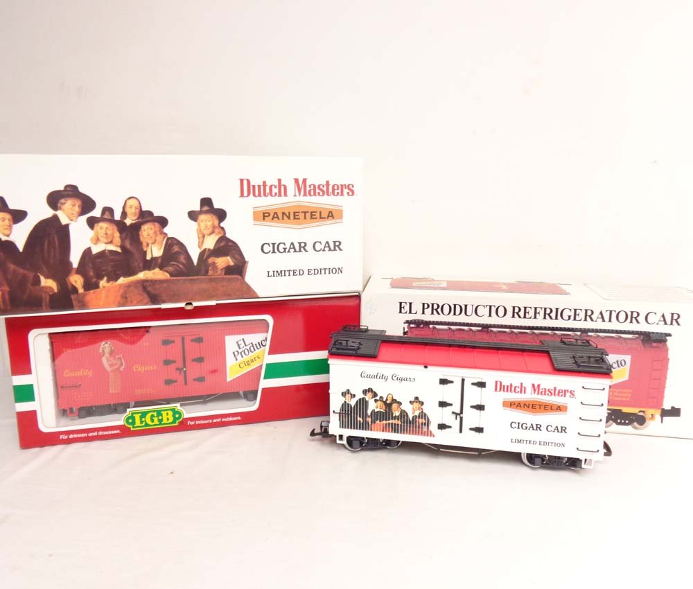 ABT: Mint LGB G Scale: #43745 Dutch Masters Cigars Box: Paul V. Ambrose and Drew J. Bauer present: These are the #43745 Dutch Masters Cigars Box Car and the #43740 El Producto Cigars Box Car that LGB made for G Scale a few years ago. Our Opinion is that th