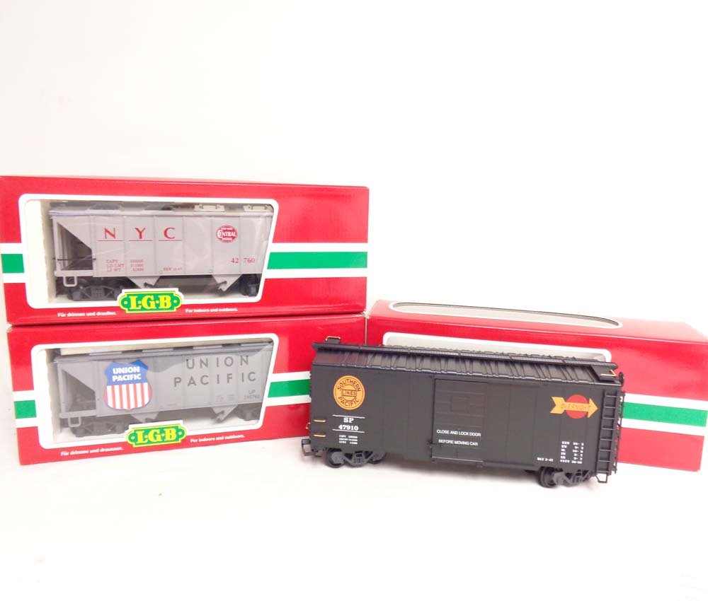 ABT: Mint LGB G Scale: #46740/42760/47910 Assorted: Paul V. Ambrose and Drew J. Bauer present: These are the #46760 Union Pacific Hopper, the #42760 New York Central Hopper, and the #47910 Southern Pacific Hopper that LGB made for G Scale a few years a