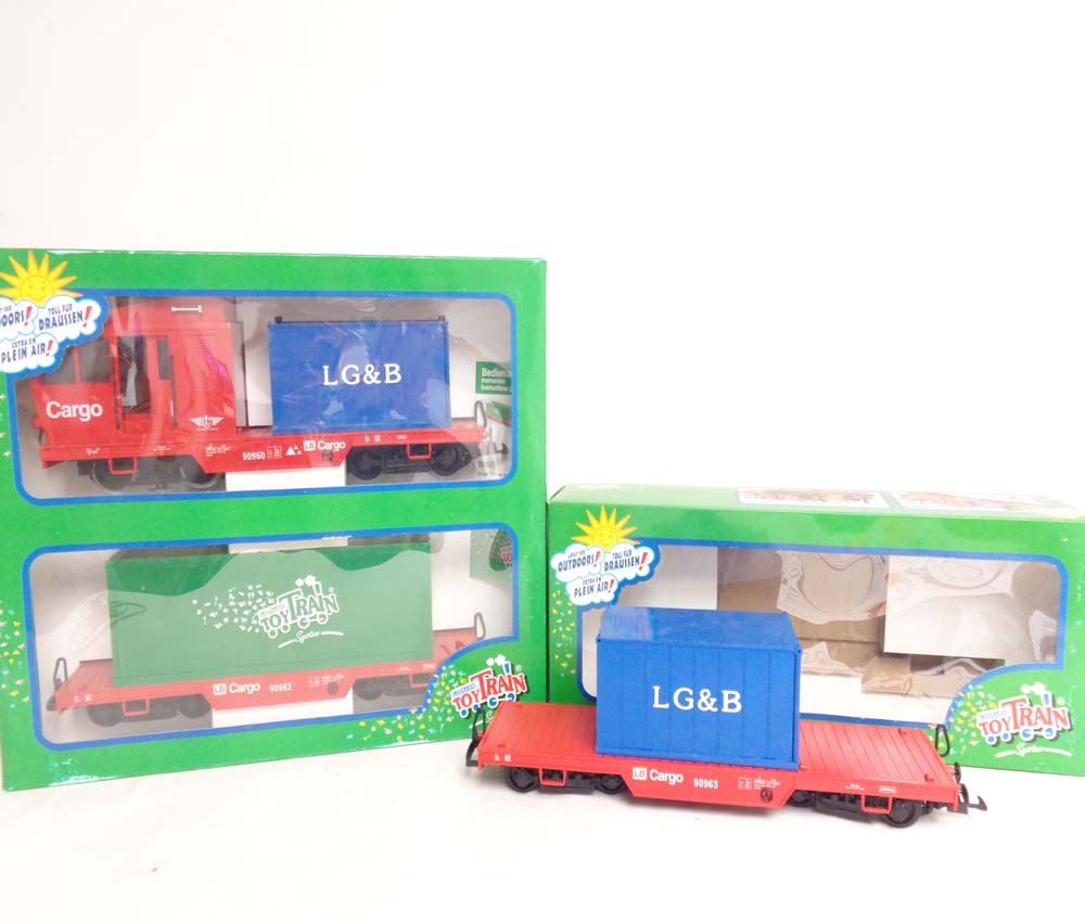 ABT: Mint LGB G Scale: #90963 Cargo Van with Container: Paul V. Ambrose and Drew J. Bauer present: These are the #90963 Cargo Van with Container and the #90960 Flat Cars with Logs that LGB made for G Scale a few years ago. Our Opinion is that they are gene